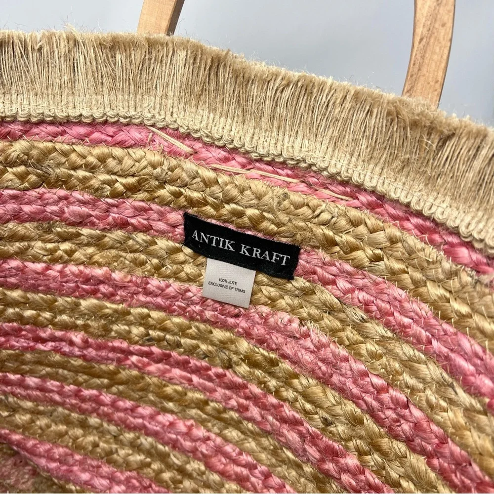 NWT Antik Kraft Natural and Pink Striped Jute Tote with Wooden Handles - Picture 5 of 10